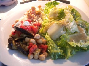 Eggplant chickpea paired with a light ceasar salad.